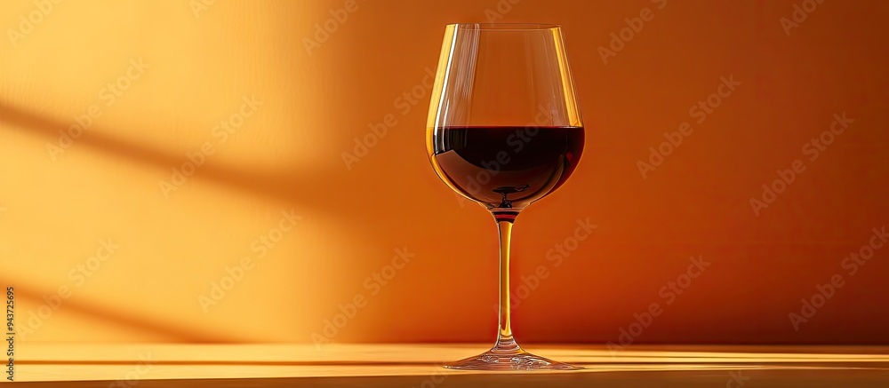 Poster close up of a glass of red wine against an orange background. with copy space image. place for addin