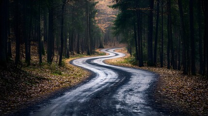 Fototapeta premium A winding road cutting through a dense verdant forest representing the mysterious and undiscovered paths that await and adventure This captivating landscape evokes a sense of the unknown