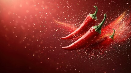 Red hot chilies with chili flakes on a bright red background 