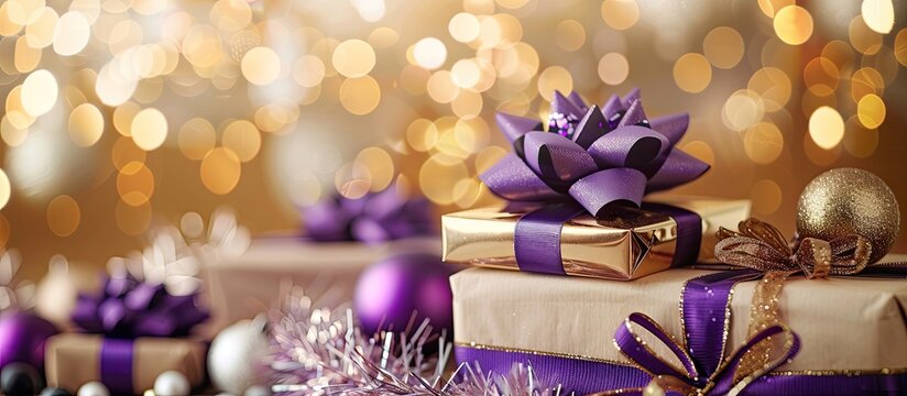 Elegant beige and violet purple gift boxes are stacked with ribbons featuring golden Christmas decorations New Year presents are adorned with golden garlands and tinsel. with copy space image