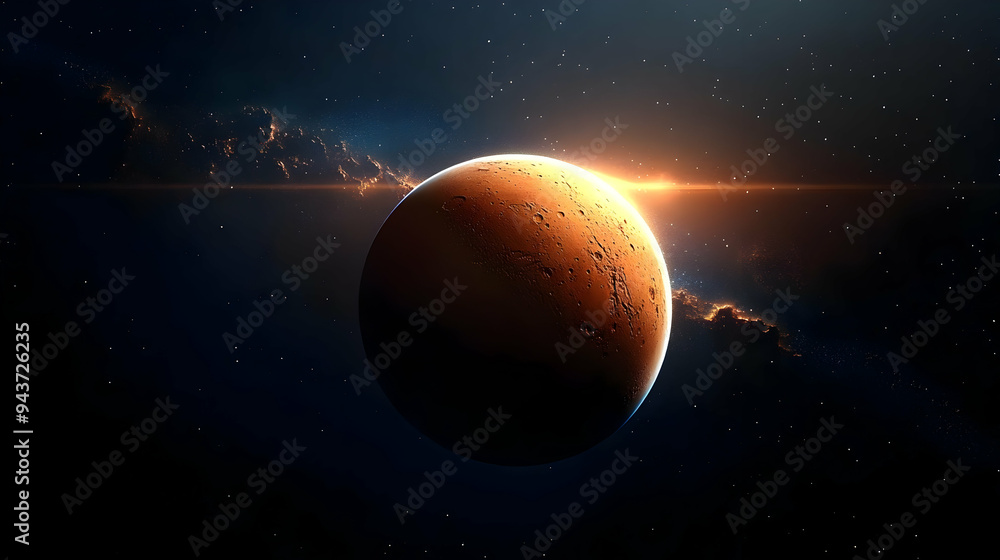 Poster a red planet with craters in space with a bright light shining on it.