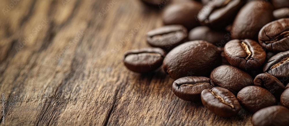 Poster close up of coffee beans on a wooden table copyspace for text and content