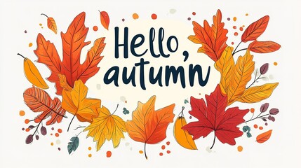 Hello autumn watercolor banner. greeting card with Pumpkins, inscriptions, leaves, acorn and mountain ash on white background. autumn border frame