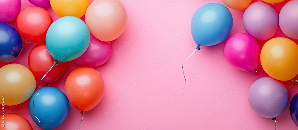 Poster A collection of colored balloons on a pink background Flat lay top view. with copy space image. Place for adding text or design
