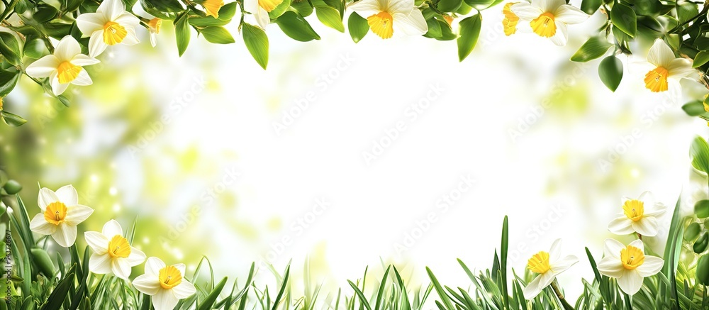 Fototapete Spring background featuring a frame of grass and daffodils in a natural setting suitable for a white isolated studio background Close up. with copy space image. Place for adding text or design