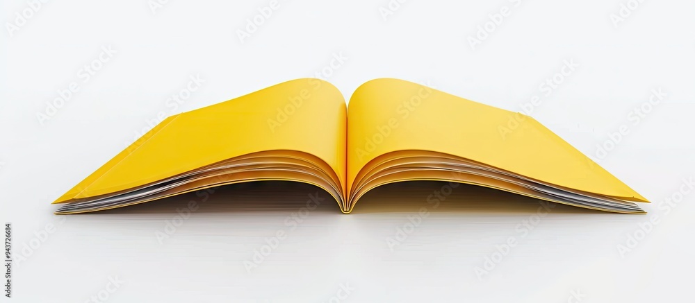 Poster Opened square notebook with staple binding isolated on a white background featuring yellow pages as the backdrop. with copy space image. Place for adding text or design