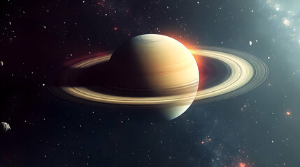 Fototapeta premium A ringed planet in a dark space with a ring of stars in the background.