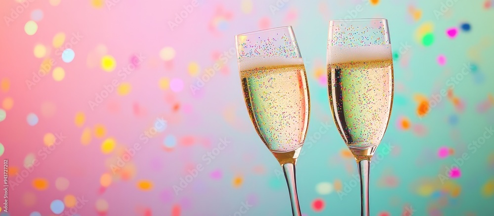 Aufkleber Champagne glasses with sprinkles on a colorful background. with copy space image. Place for adding text or design