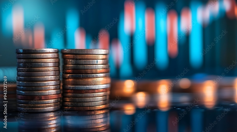 Aufkleber stacked coins with financial graph in the background representing business and investment concepts s