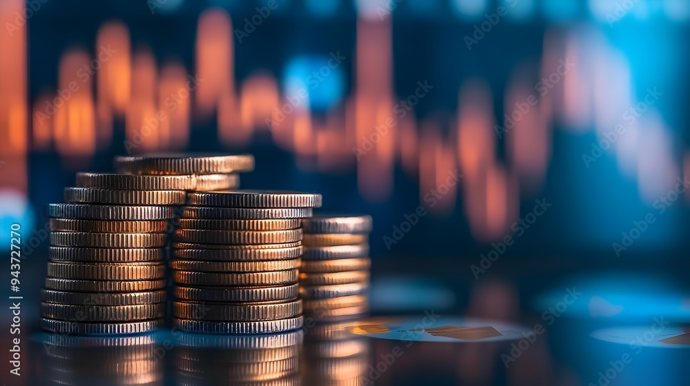 Poster a stack of coins representing financial growth and wealth set against a background of an analytical 