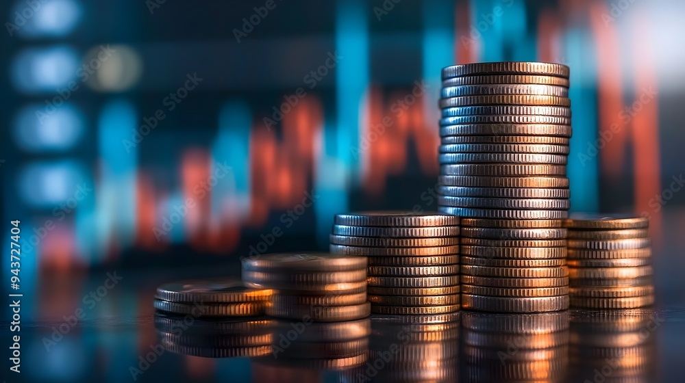 Poster a stack of coins with a financial graph in the background representing the growth success and optimi