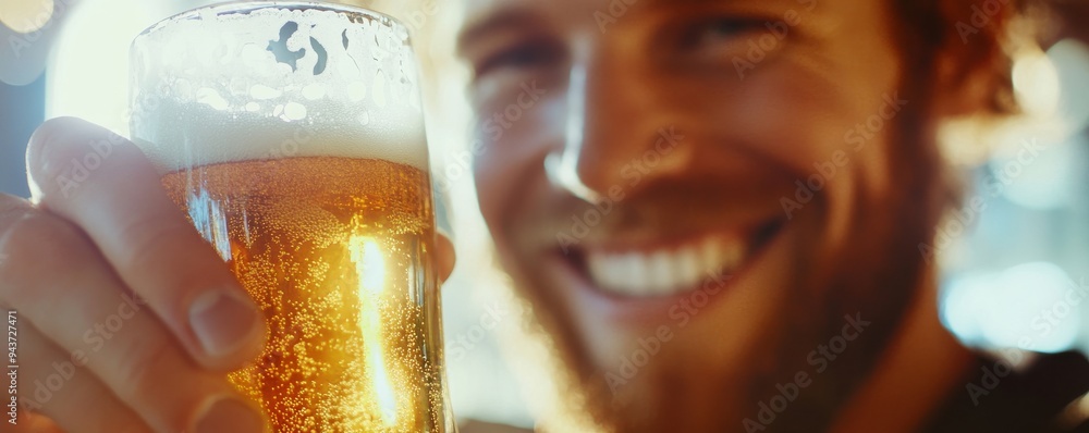 Poster close-up of a happy man holding a glass of beer in hand, smiling joyfully at the camera with a backg