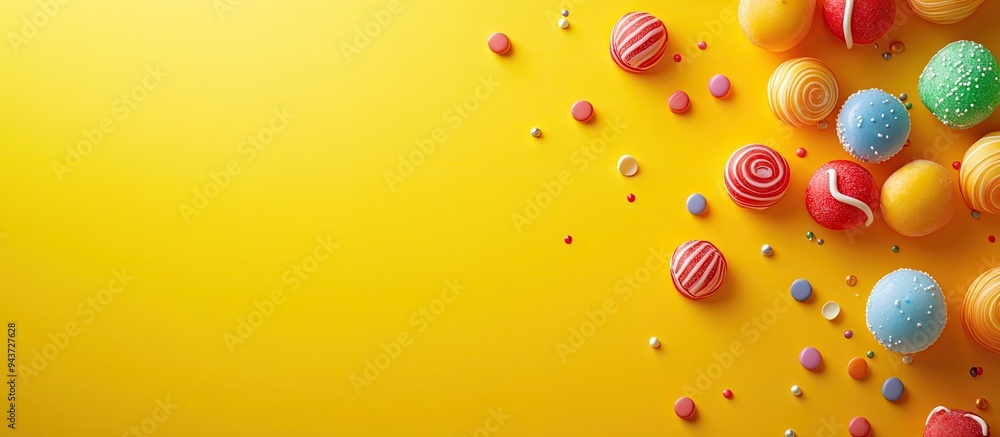 Fototapete colored sweets on a yellow background. with copy space image. place for adding text or design