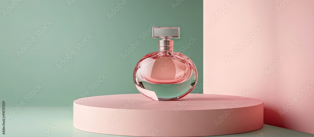 Poster crystal perfume bottle situated on a pink podium against a green background modern luxury fragrance 