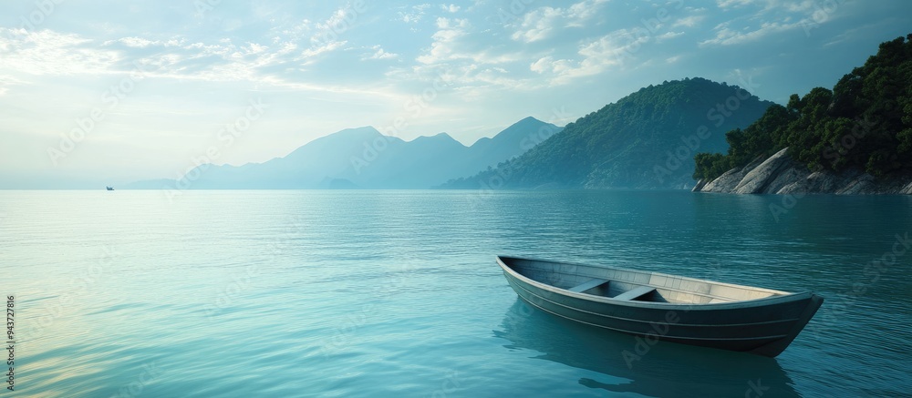 Poster scenic view of the sea with a boat in the foreground. with copy space image. Place for adding text or design