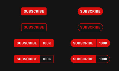 Set of red subscribe buttons. 4 of them with follower count/information – 2 corner styles included. UI/UX vector elements.