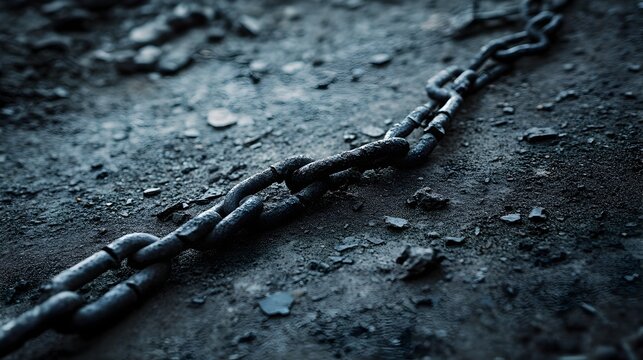 A broken chain lying on the ground symbolizing the concept of and independence with ample copy space for text overlay