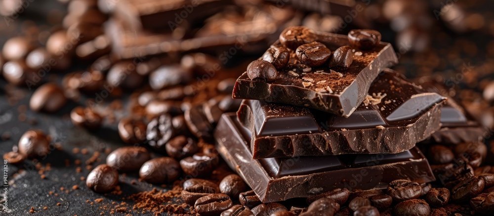 Aufkleber Close up of chocolate pieces stacked among coffee beans. with copy space image. Place for adding text or design