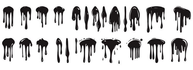 Silhouette dripping paint or black liquid melting, vector illustration set isolated on a white background. Dripping oil, cartoon style design elements collection.