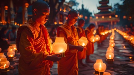 Fototapeta premium Monks Lighting Lanterns at Night Festival with Warm Glow and Peaceful Ambiance