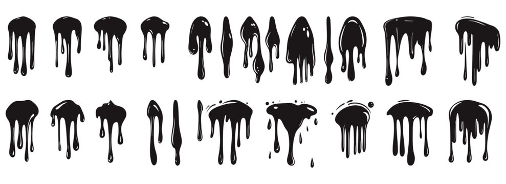 Silhouette dripping paint or black liquid melting, vector illustration set isolated on a white background. Dripping oil, cartoon style design elements collection.