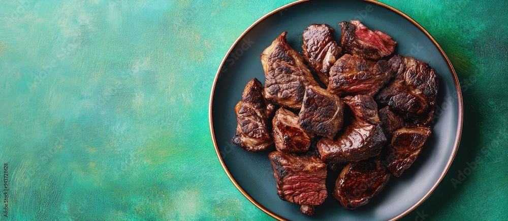 Poster advertising concept for a restaurant a plate on a table featuring a pile of meat cooked on a charcoa