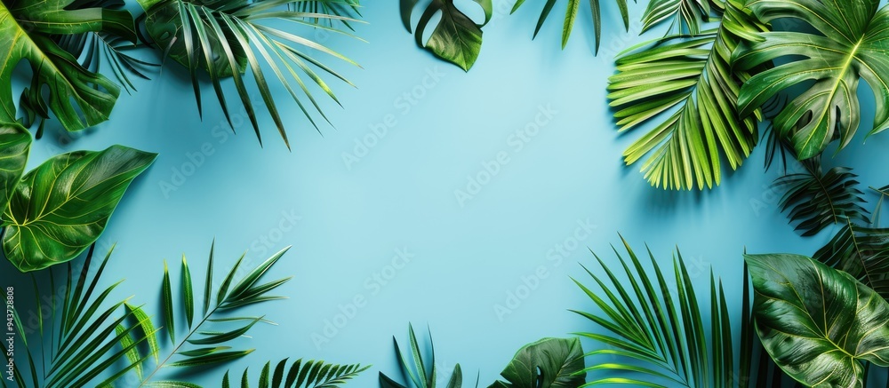 Poster Border frame featuring fresh palm leaves on a blue background Simple product presentation or template idea with copy space Summer tropical design Flat lay top view