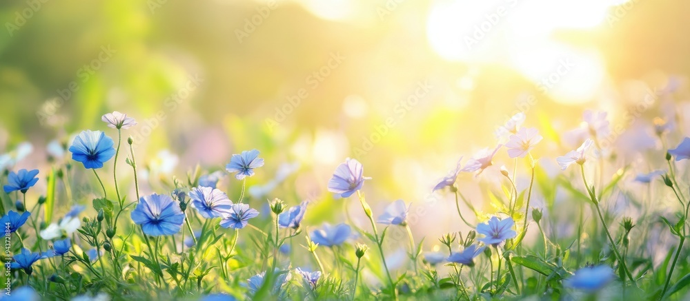 Aufkleber a meadow of flowers with blue wildflowers blooming in the summer garden. with copy space image. plac