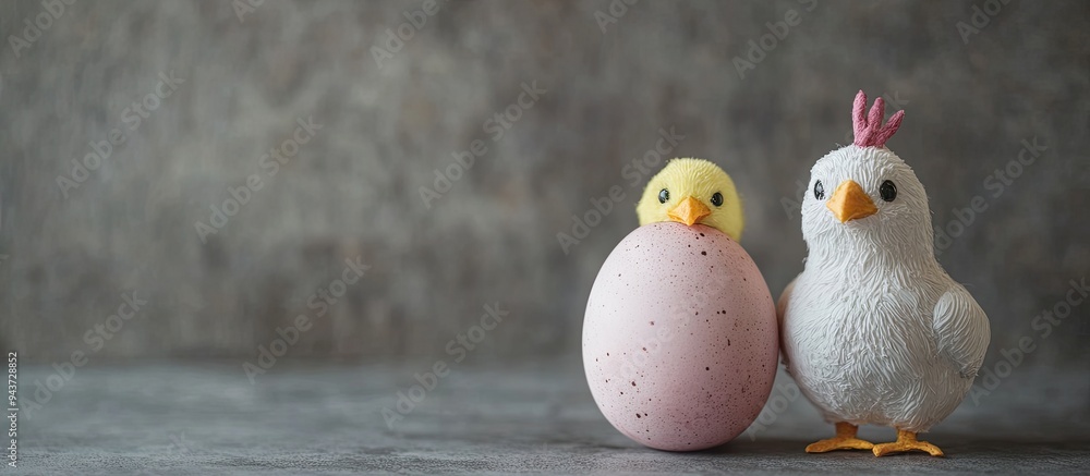 Poster easter holiday a child s handmade egg shaped like a rabbit and chicken set against a grey backdrop c
