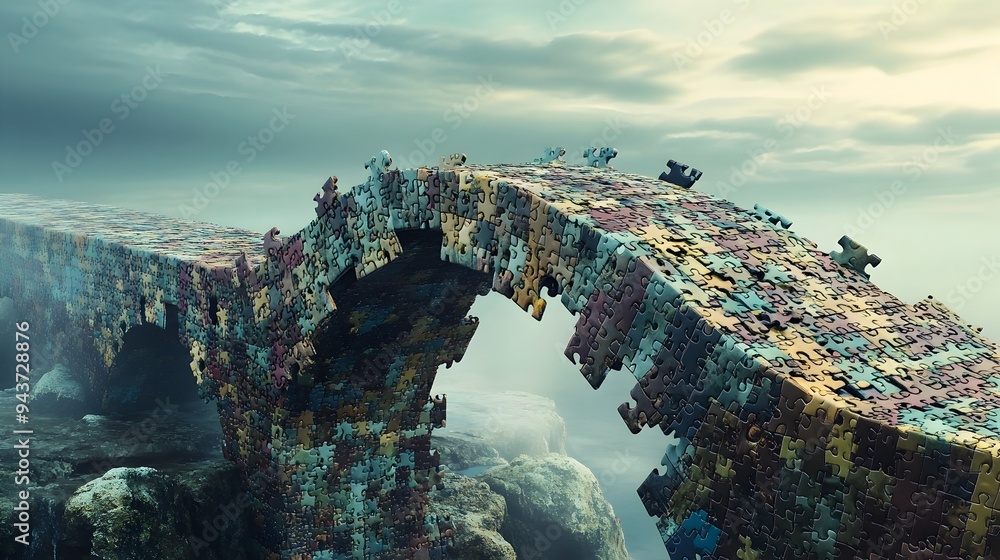 Poster a conceptual of a bridge constructed from interlocking puzzle pieces representing the idea of collab