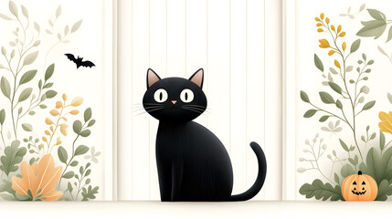 a spooky Black cat arched back glowing eyes Halloween night