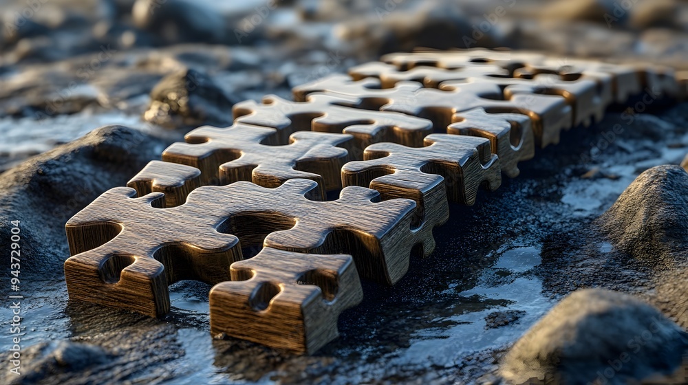 Poster a conceptual of a bridge constructed from interlocking puzzle pieces representing the power of innov
