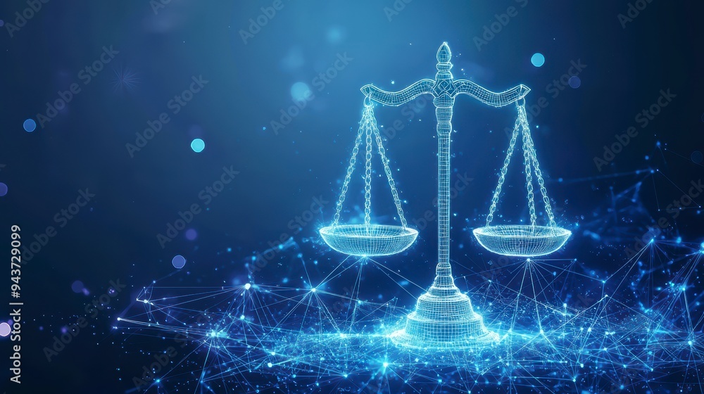 Poster the digital scales of justice against the backdrop of data and code symbolize the rule of law in the