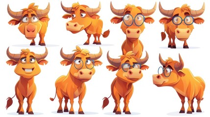 Fototapeta premium A collection of cartoonish orange cows displaying various expressions and poses.