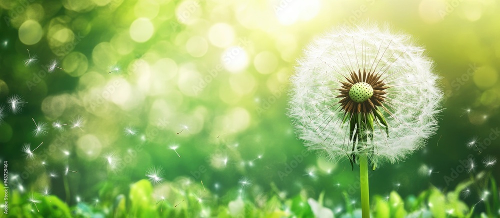 Poster fluffy dandelion with a blurred green background. with copy space image. place for adding text or de