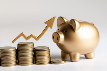 A golden piggy bank stands on stacks of coins with an arrow pointing upwards to symbolize the growth in money against a white background