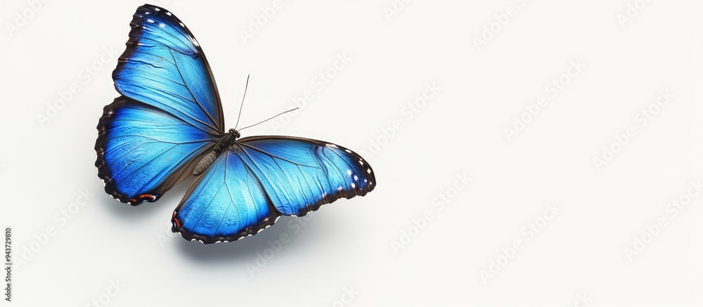 Poster a stunning blue morpho butterfly set against a white background. with copy space image. place for ad