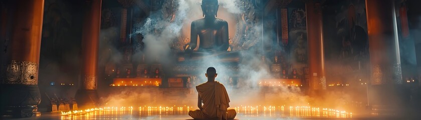 Monks Praying Before Giant Buddha Statue in Mystical Incense Filled Temple
