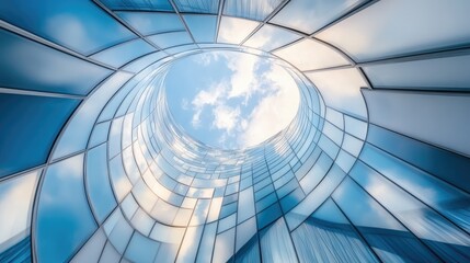Naklejka premium Modern business office skyscrapers. Low angle view of futuristic architecture, Skyscraper of office building with curve glass window