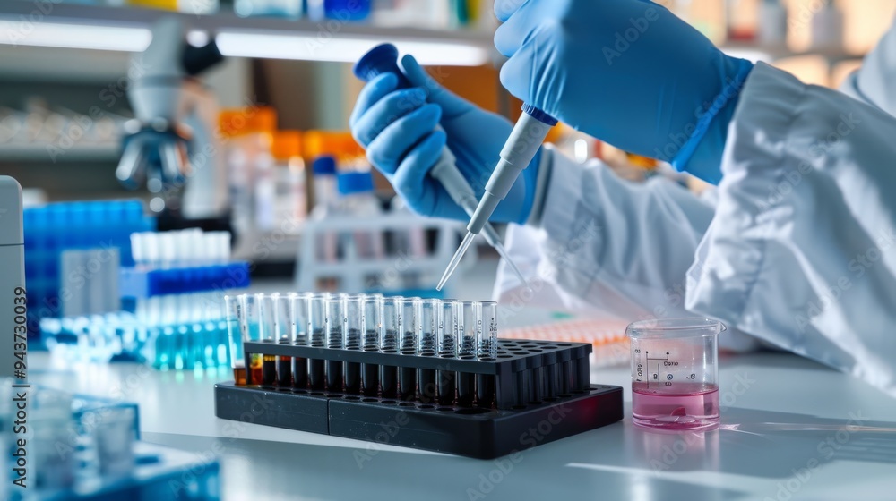 Poster Close-up of biotechnologist's hands preparing samples and using pipettes in a laboratory with a clean and organized workspace.