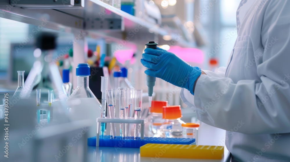 Poster close-up of biotechnologist's hands preparing samples and using pipettes in a laboratory with a clea