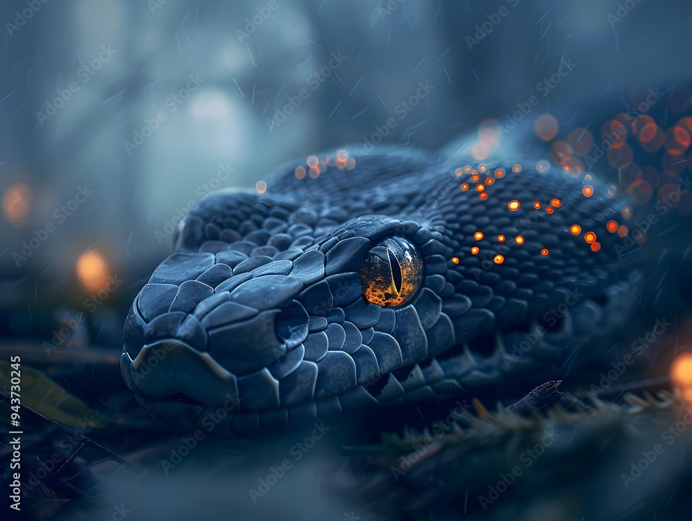 Poster mystical snake with glowing eyes and intricate patterns slithering through foggy forest snake concep