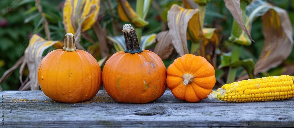 Poster yellow and orange pumpkins corn and autumn leaves on a wooden background for a harvest fall and than