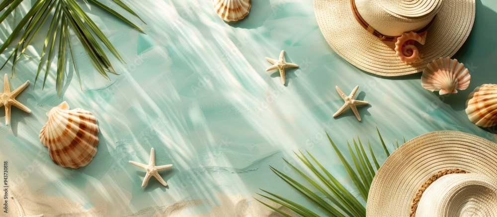 Aufkleber straw beach hat ocean shell and green palm leaf on a white summer background with copy space flat la