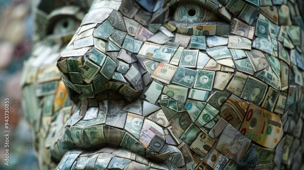 Poster close-up of a face created from a mosaic of money, highlighting the detailed fusion of currency into