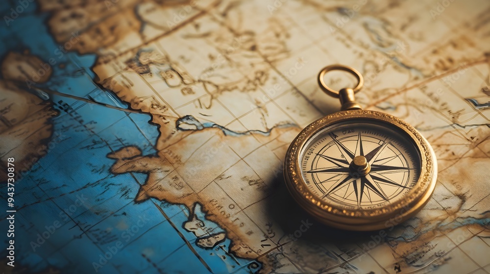 Poster a compass lying atop a geographic map symbolizing the importance of direction navigation and guidanc