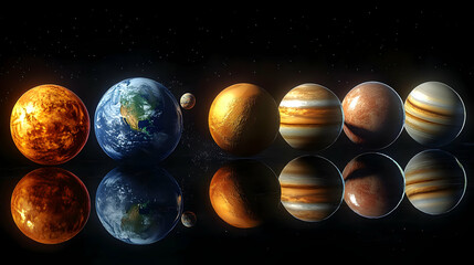 A row of planets in space, including Earth, with reflections.