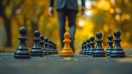 A yellow pawn stands out from the crowd of chess pieces, representing individuality and leadership in a business concept.