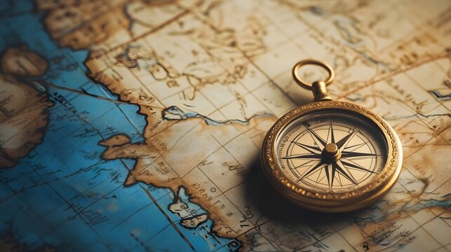 A compass lying atop a geographic map symbolizing the importance of direction navigation and guidance for embarking on exploratory journeys and adventures