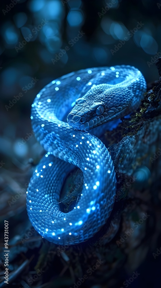 Poster glowing bioluminescent snake with mystical patterns in dark forest